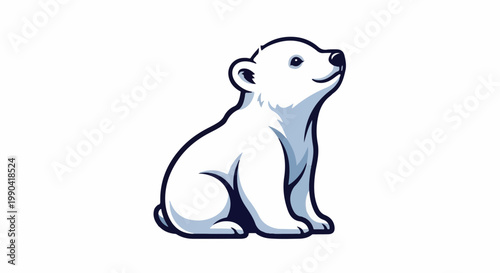 A cute cartoon polar bear cub sits and looks up with a happy expression