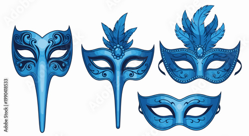 Collection of ornate blue Venetian masks with feathers and jewels