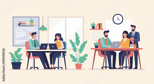 Diverse team collaborating at their desks, a clock on the wall indicating busy work