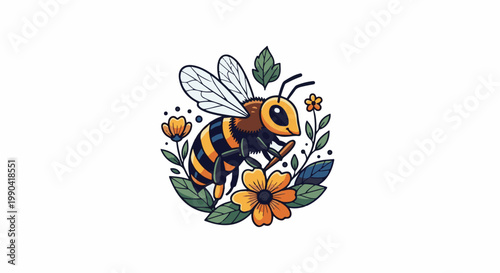 A cheerful cartoon bee hovers amidst vibrant yellow flowers and green leaves