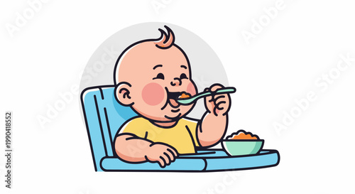 A happy baby in a high chair eating mashed food from a spoon, with a bowl nearby
