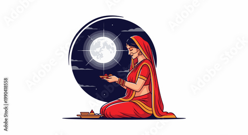 Woman in red attire offers prayers under a full moon