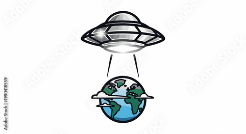 A UFO hovers over Earth, beaming light down towards the planet