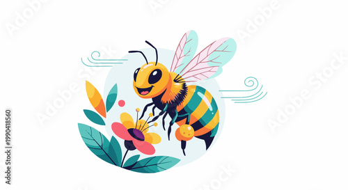 A cheerful cartoon bee with striped yellow and black body hovers near a pink and yellow flower