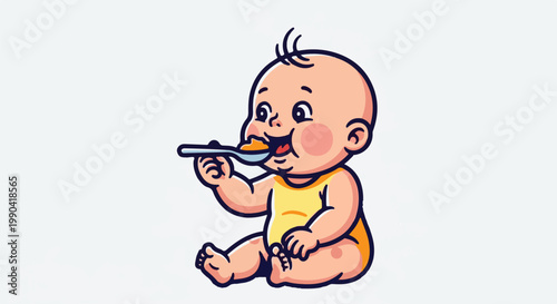 Adorable baby in a yellow outfit happily eating from a spoon