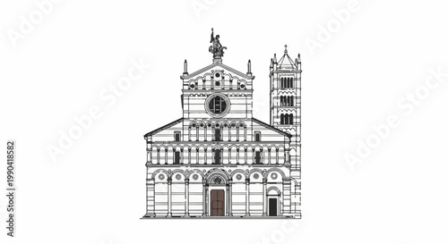 Ornate facade of an old stone church with a tall bell tower and a statue on top