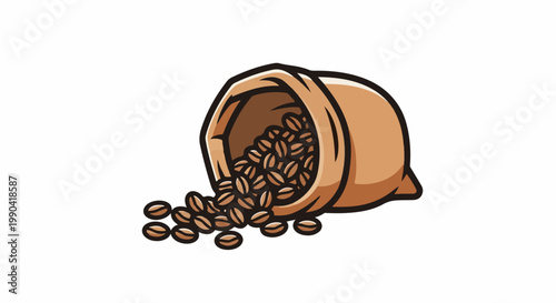 A burlap sack tipped over, spilling roasted coffee beans onto a white surface