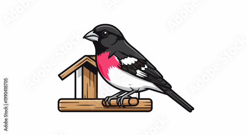 A colorful bird with a rosy breast perches on a wooden feeder