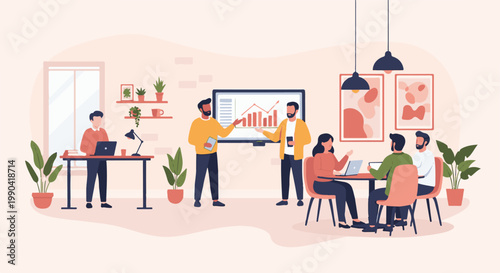 Diverse group collaborating in a modern office with a presentation and discussion happening