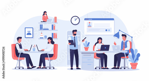 Modern office scene with individuals working on laptops and collaborating around desks