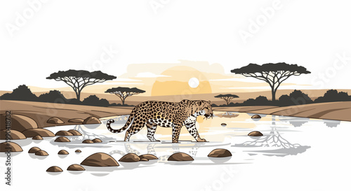 A spotted feline walks across a shallow stream in a savanna at sunset