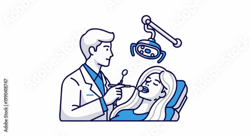 A dentist in a white coat examines a patient's teeth with a mirror and drill