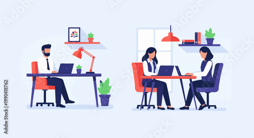 Diverse individuals collaborate in modern office spaces