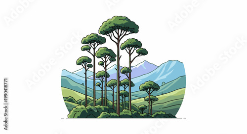 A pixel art scene depicting a forest with tall trees, rolling hills, and mountains in the background