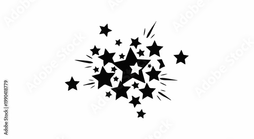 A black ink illustration of a cluster of stars exploding outwards on a white background