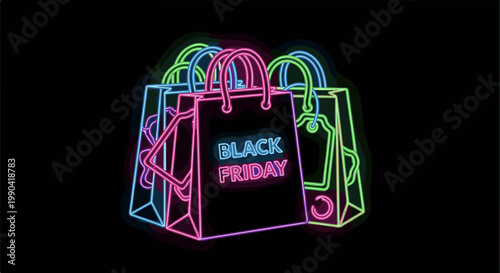 Neon shopping bags glow with "Black Friday" text on a dark background