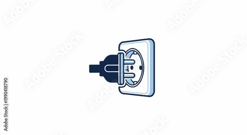 A dark blue plug inserts into a light blue and white electrical socket