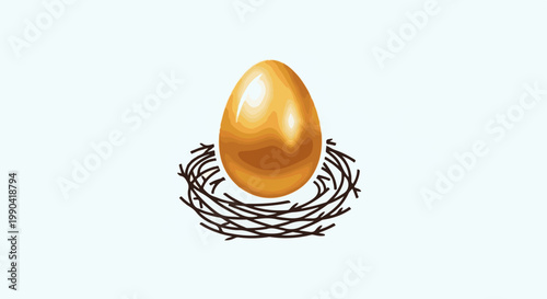 A golden egg rests in a simple nest of twigs