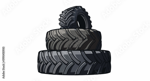Stacked tractor tires with deep treads, presented on a white background
