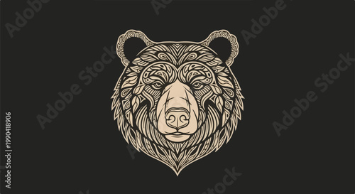 Ornate bear head design with tribal-inspired line art, set against a dark background