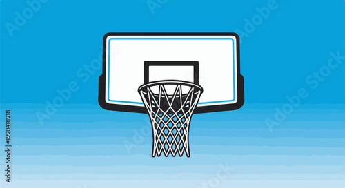 A simple graphic of a basketball hoop with a net, set against a blue gradient sky