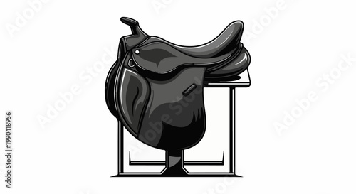 Black leather saddle with stirrups on a stand, vector illustration