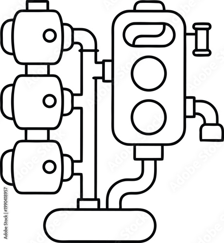Industrial Water Filtration and Pipe System Line Art Illustration