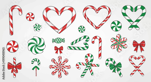 Assortment of festive candy canes, heart shapes, and bows in red and green stripes