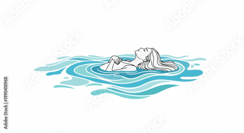 Artistic line drawing of a woman floating serenely in stylized blue ocean waves