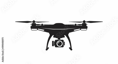A black silhouette of a quadcopter drone with a camera hangs suspended against a white background