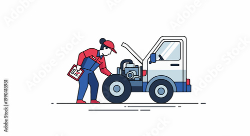 A mechanic inspects a truck engine, holding a clipboard with symbols