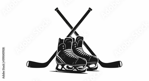 Black and white graphic of crossed hockey sticks behind ice skates