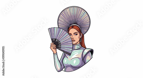 Woman with elaborate headpiece and fan, wearing a metallic outfit