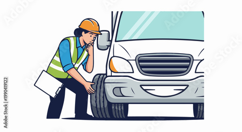 Worker in hard hat and vest inspecting a vehicle's tire