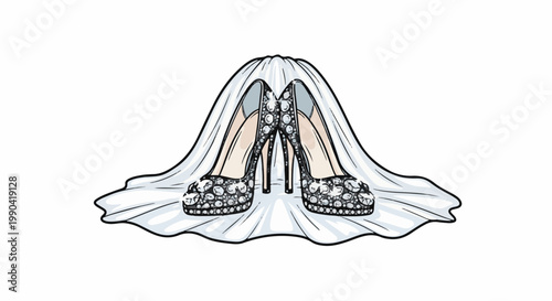 Elegant, bejeweled high heels peeking from beneath a flowing, sheer veil