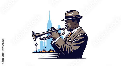 A jazz musician in a suit and fedora plays the trumpet with a city skyline, taxis, and streetlamp in the background