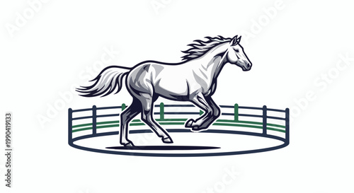A stylized illustration of a white horse in motion within a dark blue and green fenced arena
