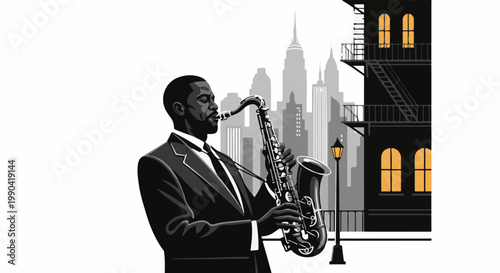 A jazz musician plays a saxophone on a city street at dusk, with buildings and fire escapes in the background