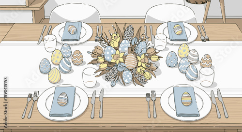 A charming, hand-drawn depiction of an Easter-themed dining table setting, complete with decorated eggs and floral arrangements