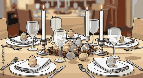 Elegant Easter table setting with decorated eggs and lit candles