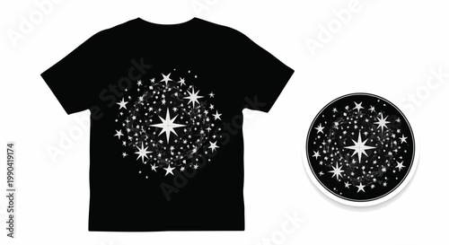 Black t-shirt and circular sticker featuring a luminous starburst design composed of many sparkling stars