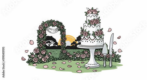 A wedding cake with floral decorations and a sunset backdrop