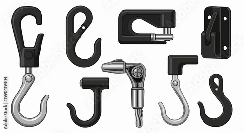 Assortment of metal and black hardware hooks, carabiners, and connectors
