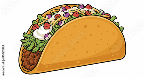A cartoon-style illustration of a fully loaded taco with meat, lettuce, cheese, tomatoes, onions, and sour cream