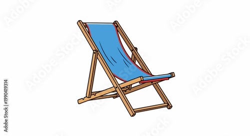 A simple illustration of a blue and red striped fabric deck chair with a wooden frame