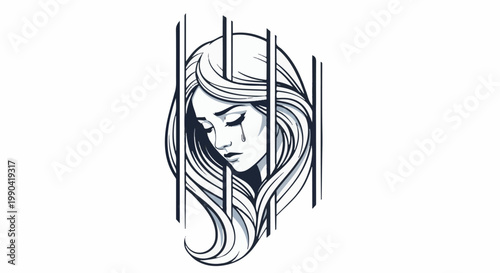 A graphic illustration of a crying woman behind bars, symbolizing imprisonment or distress