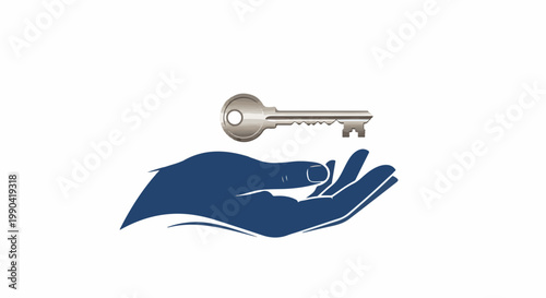 A silver key floats above an open blue hand, symbolizing opportunity