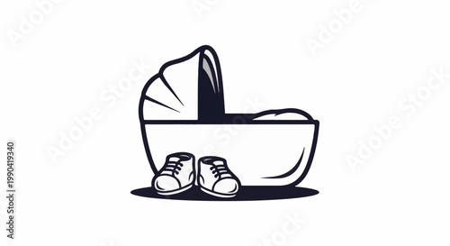A simple line drawing shows a baby carriage and a pair of tiny shoes