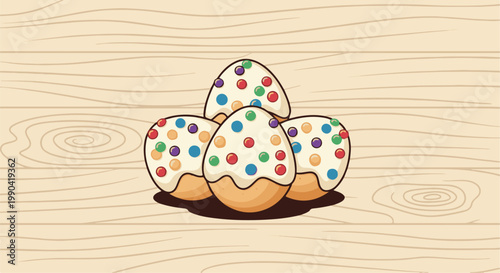 Four decorated pastries with colorful sprinkles arranged on a light wood grain background