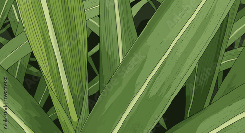 Abstract pattern of overlapping green blades with distinct linear textures
